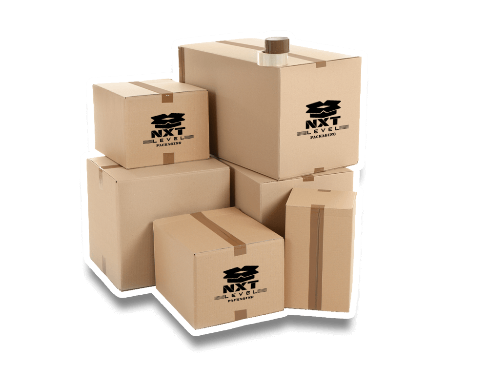 cardboard boxes branded with Next Level Packaging logo