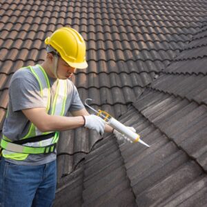 person applying adhesive to roof